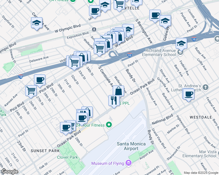 map of restaurants, bars, coffee shops, grocery stores, and more near 2637 South Centinela Avenue in Santa Monica
