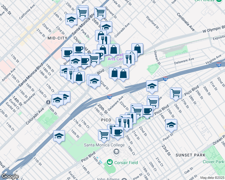 map of restaurants, bars, coffee shops, grocery stores, and more near 2200 Michigan Avenue in Santa Monica