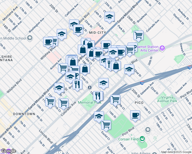 map of restaurants, bars, coffee shops, grocery stores, and more near 1560 18th Street in Santa Monica