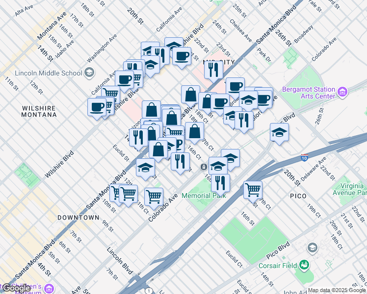 map of restaurants, bars, coffee shops, grocery stores, and more near 227 Broadway in Santa Monica