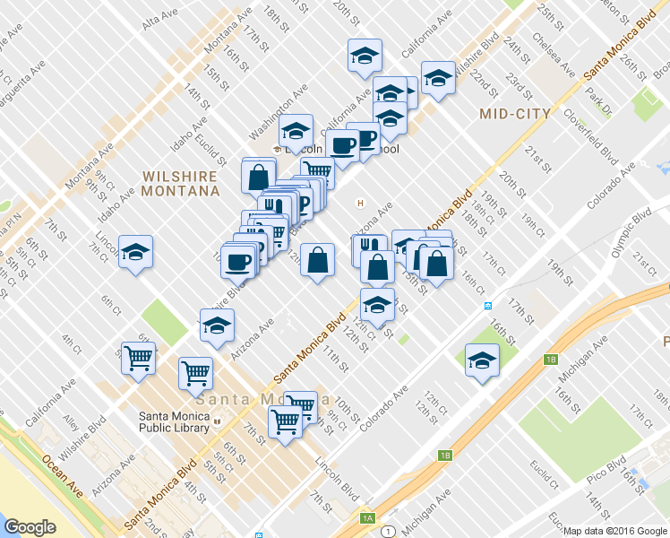 map of restaurants, bars, coffee shops, grocery stores, and more near 1314 Euclid Street in Santa Monica