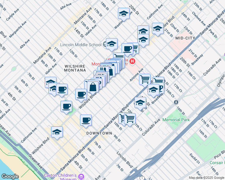 map of restaurants, bars, coffee shops, grocery stores, and more near 1243 12th Street in Santa Monica