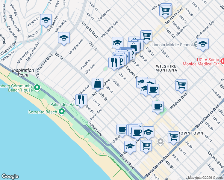 map of restaurants, bars, coffee shops, grocery stores, and more near 830 5th Street in Santa Monica