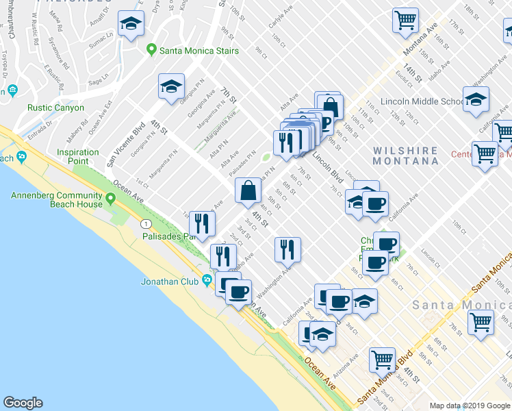 map of restaurants, bars, coffee shops, grocery stores, and more near in Santa Monica