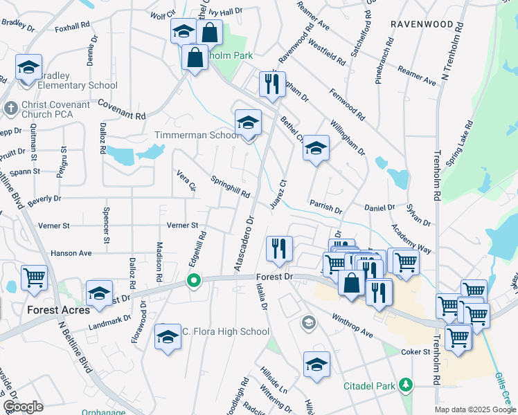 map of restaurants, bars, coffee shops, grocery stores, and more near 102 Juarez Court in Columbia