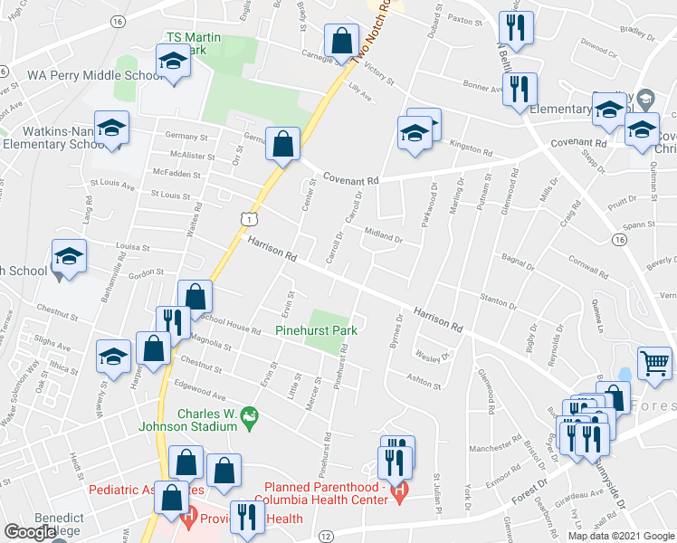 map of restaurants, bars, coffee shops, grocery stores, and more near 9 Pinecrest Court in Columbia