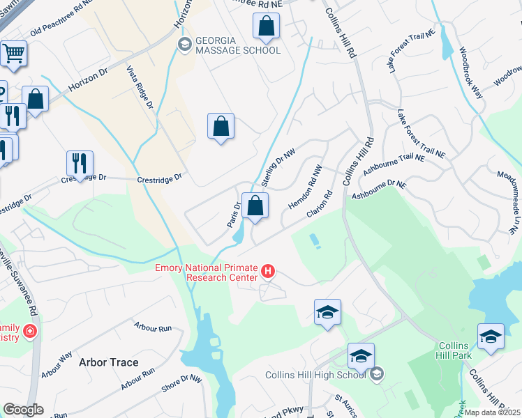 map of restaurants, bars, coffee shops, grocery stores, and more near 2536 Caray Court Northeast in Lawrenceville