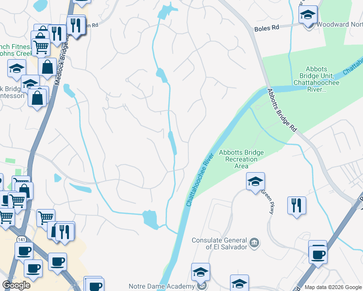map of restaurants, bars, coffee shops, grocery stores, and more near 3143 Saint Ives Country Club Parkway in Johns Creek