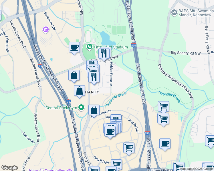 map of restaurants, bars, coffee shops, grocery stores, and more near 2979 Hidden Forest Court in Marietta