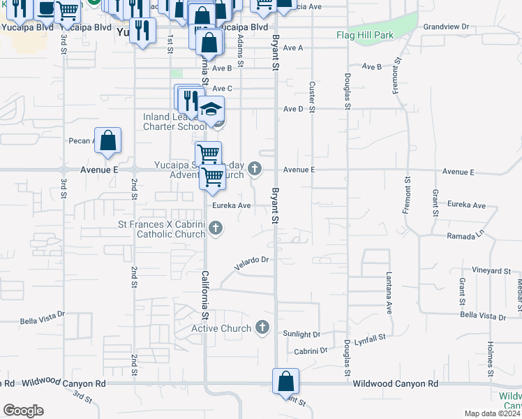 map of restaurants, bars, coffee shops, grocery stores, and more near 35259 Eureka Avenue in Yucaipa