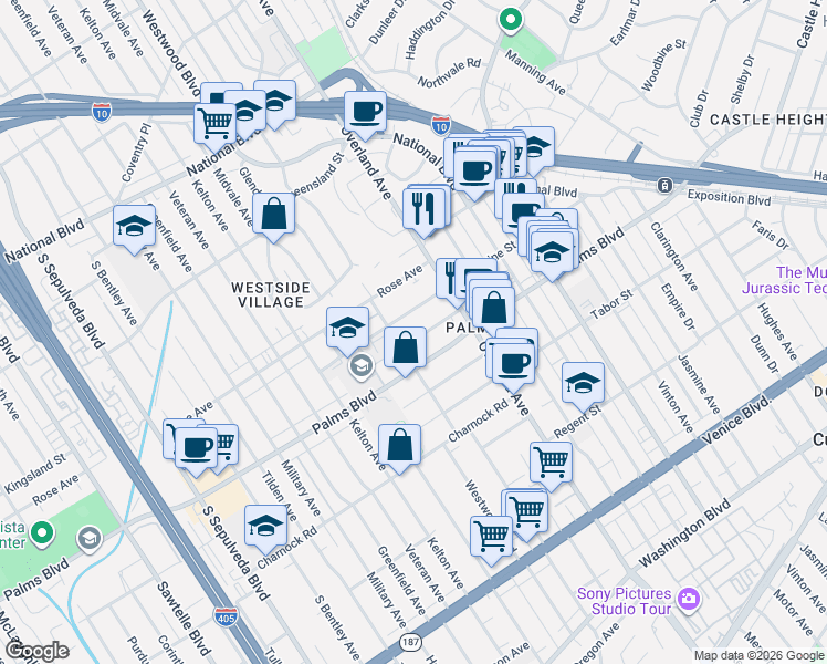 map of restaurants, bars, coffee shops, grocery stores, and more near 3406 Glendon Avenue in Los Angeles