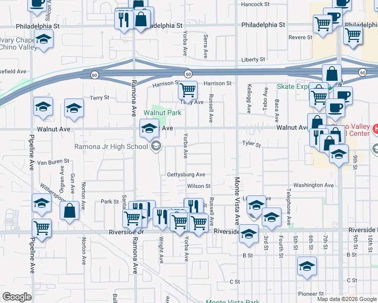 map of restaurants, bars, coffee shops, grocery stores, and more near 12585 Yorba Avenue in Chino