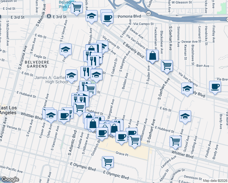 map of restaurants, bars, coffee shops, grocery stores, and more near 565 Margaret Avenue in East Los Angeles