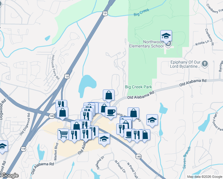 map of restaurants, bars, coffee shops, grocery stores, and more near 1510 Roswell Manor Circle in Roswell