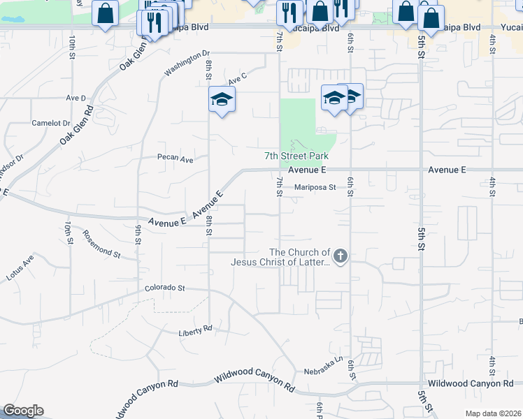 map of restaurants, bars, coffee shops, grocery stores, and more near 33850 Plum Tree Lane in Yucaipa