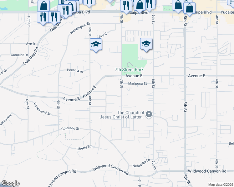 map of restaurants, bars, coffee shops, grocery stores, and more near 33850 Plum Tree Lane in Yucaipa