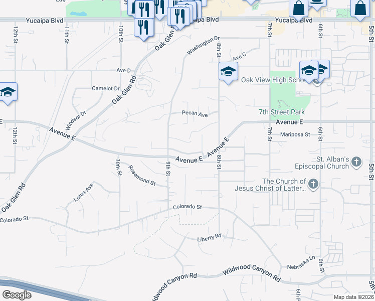 map of restaurants, bars, coffee shops, grocery stores, and more near 33578 Brushy Hollow Drive in Yucaipa