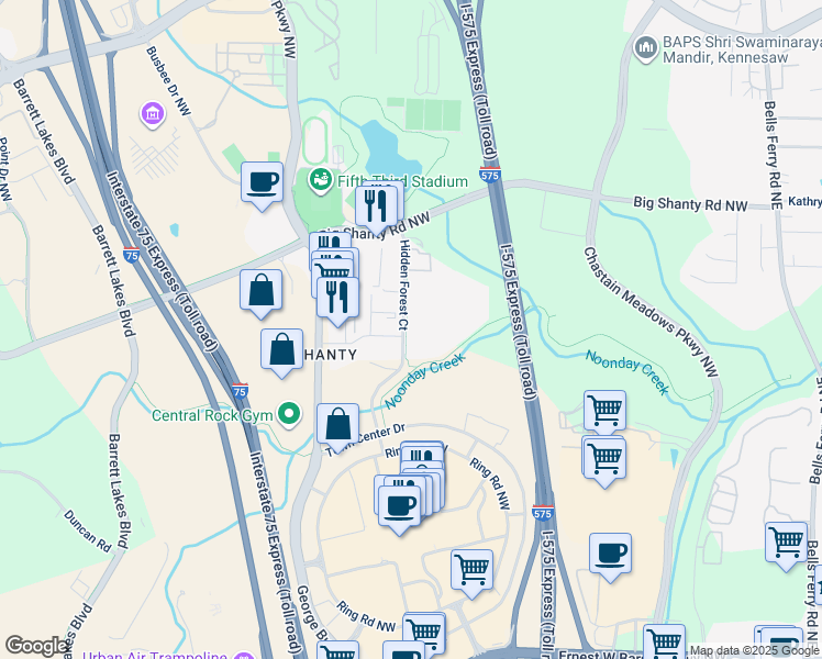 map of restaurants, bars, coffee shops, grocery stores, and more near 3024 Hidden Forest Court in Marietta