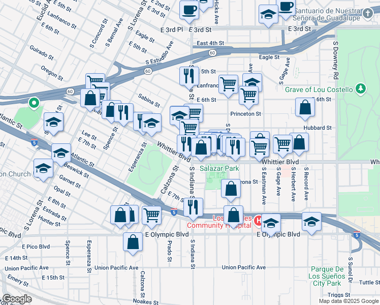 map of restaurants, bars, coffee shops, grocery stores, and more near 819 South Indiana Street in Los Angeles