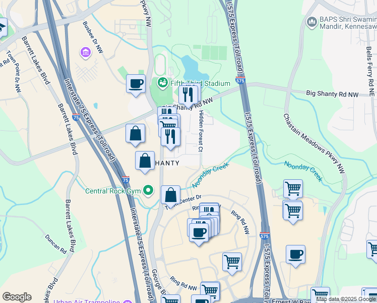 map of restaurants, bars, coffee shops, grocery stores, and more near 2979 Hidden Forest Court in Marietta