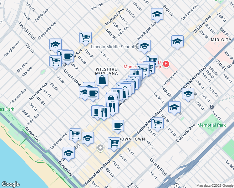 map of restaurants, bars, coffee shops, grocery stores, and more near 1127 10th Street in Santa Monica