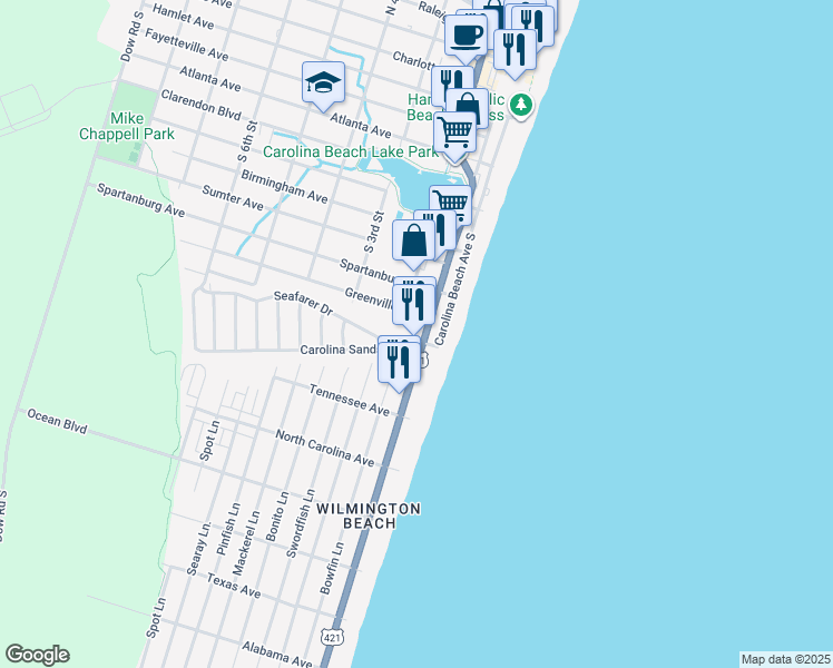 map of restaurants, bars, coffee shops, grocery stores, and more near 1009 Lake Park Boulevard South in Carolina Beach