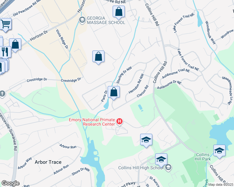 map of restaurants, bars, coffee shops, grocery stores, and more near 2536 Caray Court Northeast in Lawrenceville