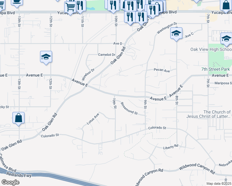 map of restaurants, bars, coffee shops, grocery stores, and more near 33302 Golden Meadow Court in Yucaipa