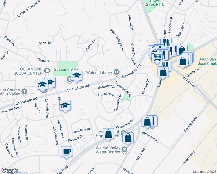 map of restaurants, bars, coffee shops, grocery stores, and more near 21022 Northview Drive in Walnut