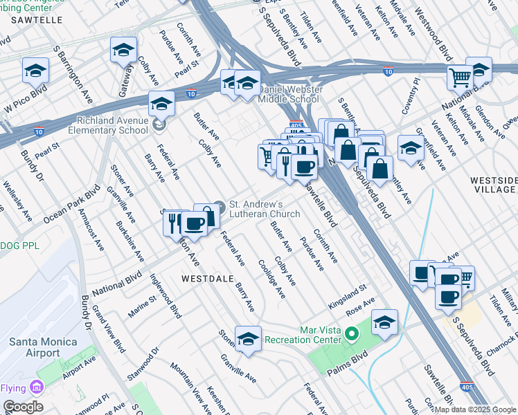 map of restaurants, bars, coffee shops, grocery stores, and more near 11428 National Boulevard in Los Angeles