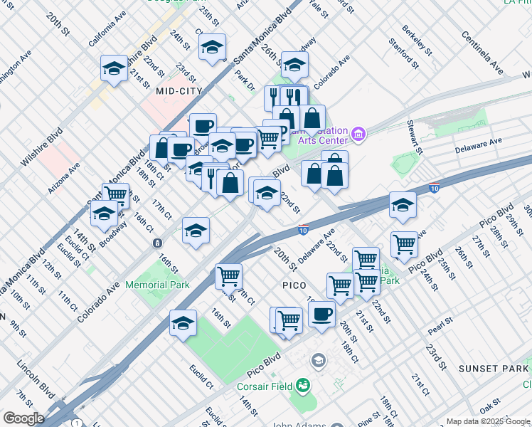 map of restaurants, bars, coffee shops, grocery stores, and more near 1714 21st Street in Santa Monica