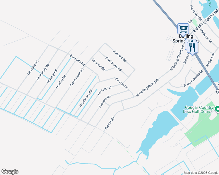 map of restaurants, bars, coffee shops, grocery stores, and more near Hunters Road in Boiling Spring Lakes