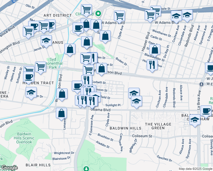 map of restaurants, bars, coffee shops, grocery stores, and more near 5708 Corbett Street in Los Angeles