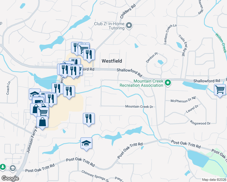 map of restaurants, bars, coffee shops, grocery stores, and more near 4547 Woodland Circle Northeast in Roswell