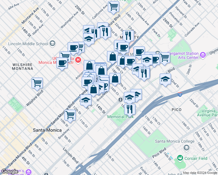 map of restaurants, bars, coffee shops, grocery stores, and more near in Santa Monica