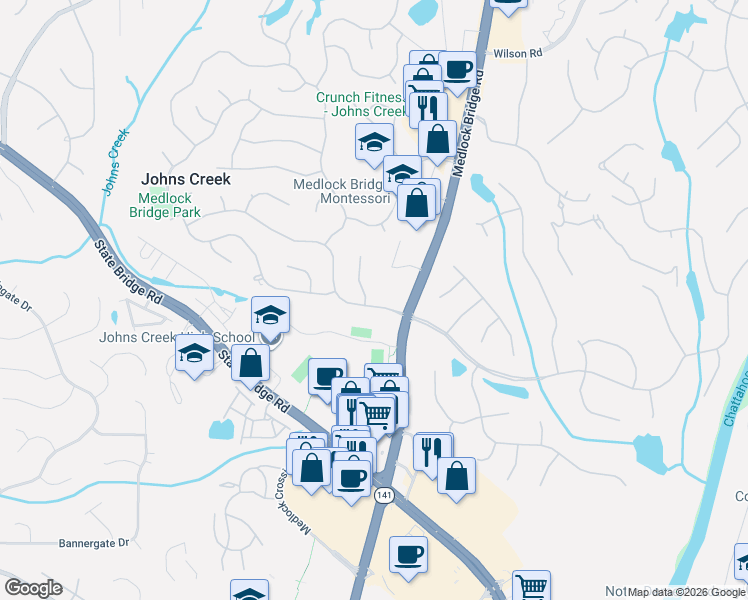 map of restaurants, bars, coffee shops, grocery stores, and more near 5770 Grove Point Road in Alpharetta