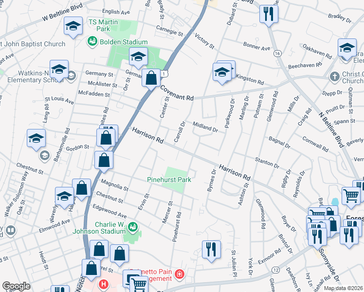 map of restaurants, bars, coffee shops, grocery stores, and more near 1 Pinecrest Court in Columbia