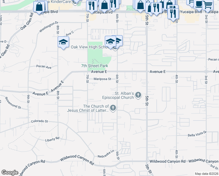 map of restaurants, bars, coffee shops, grocery stores, and more near 12598 6th Street in Yucaipa