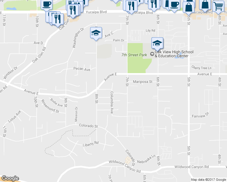 map of restaurants, bars, coffee shops, grocery stores, and more near 33783 Eureka Avenue in Yucaipa