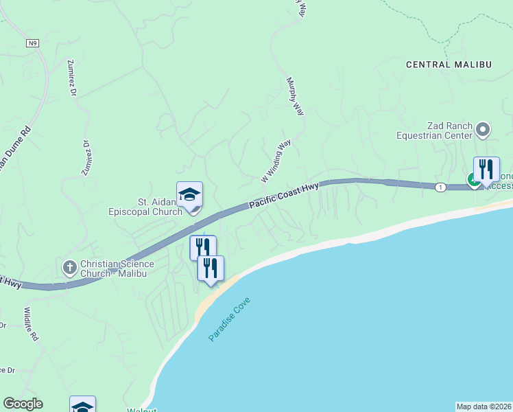 map of restaurants, bars, coffee shops, grocery stores, and more near 28128 Pacific Coast Highway in Malibu