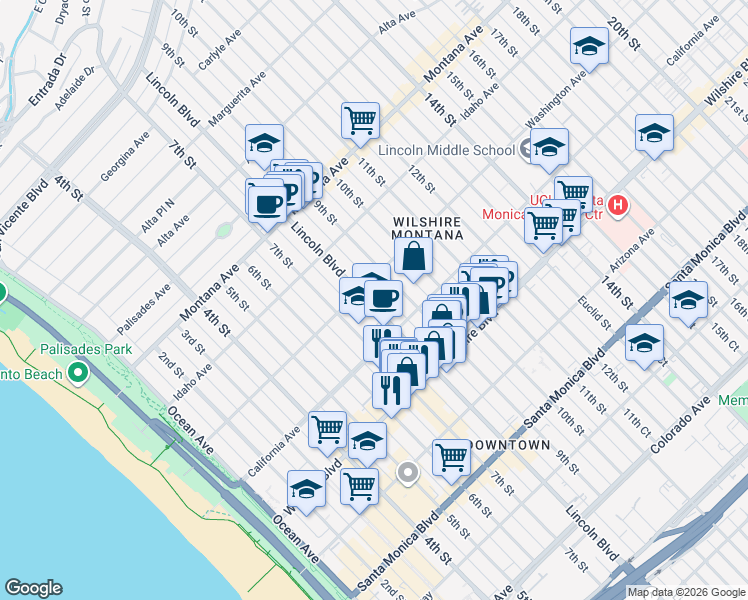 map of restaurants, bars, coffee shops, grocery stores, and more near 1021 Lincoln Boulevard in Santa Monica