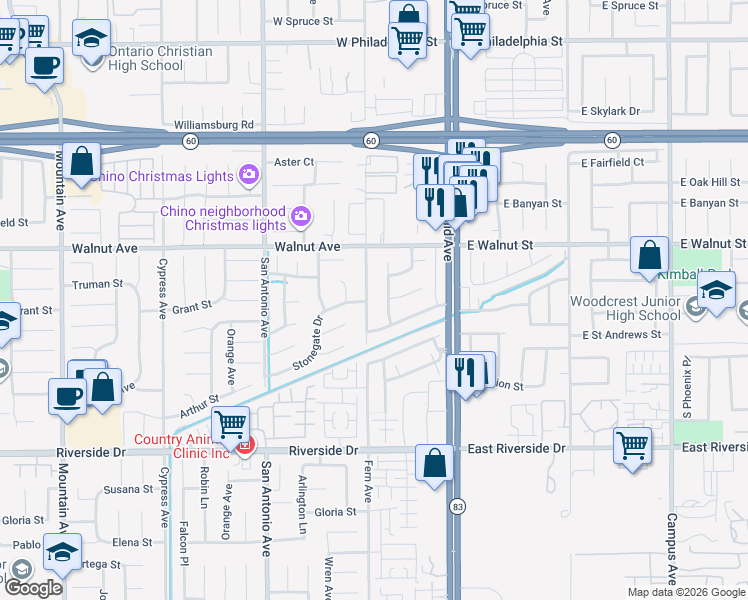 map of restaurants, bars, coffee shops, grocery stores, and more near 2703 South Fern Avenue in Ontario