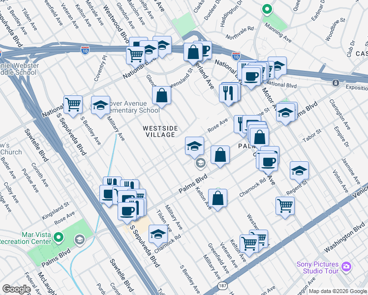 map of restaurants, bars, coffee shops, grocery stores, and more near 3400 Midvale Avenue in Los Angeles