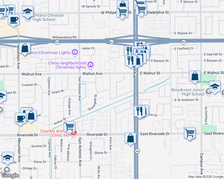 map of restaurants, bars, coffee shops, grocery stores, and more near 2703 South Fern Avenue in Ontario