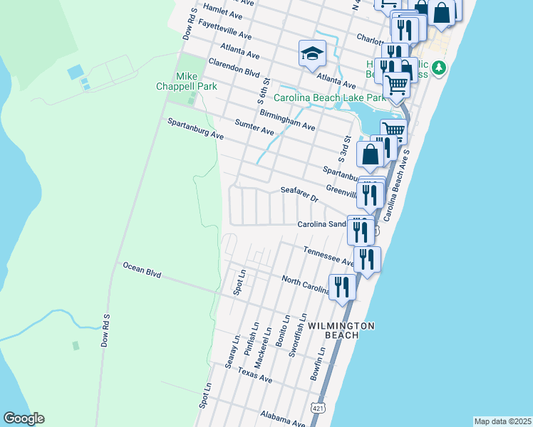 map of restaurants, bars, coffee shops, grocery stores, and more near 921 Salt Water Lane in Carolina Beach