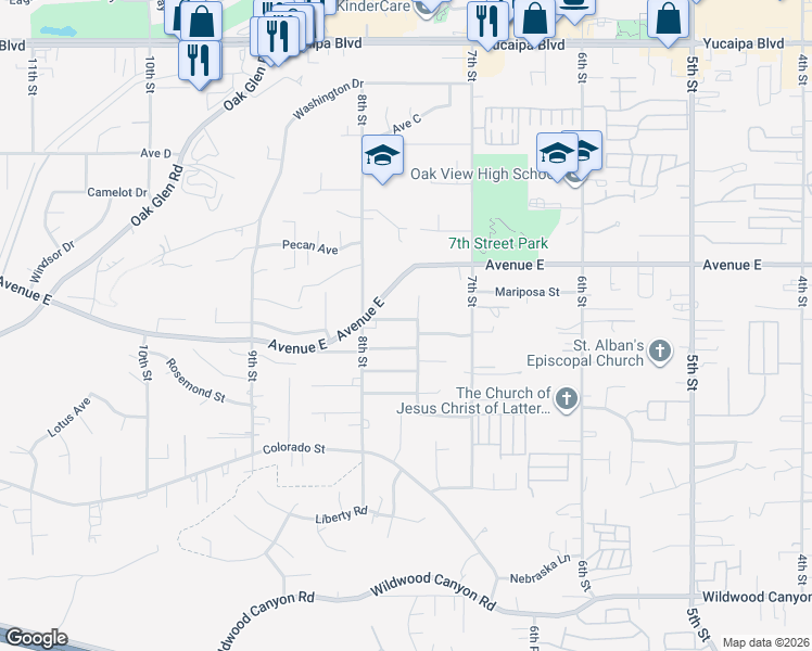 map of restaurants, bars, coffee shops, grocery stores, and more near 33783 Eureka Avenue in Yucaipa