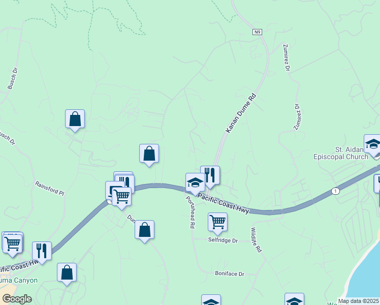 map of restaurants, bars, coffee shops, grocery stores, and more near 6487 Cavalleri Road in Malibu