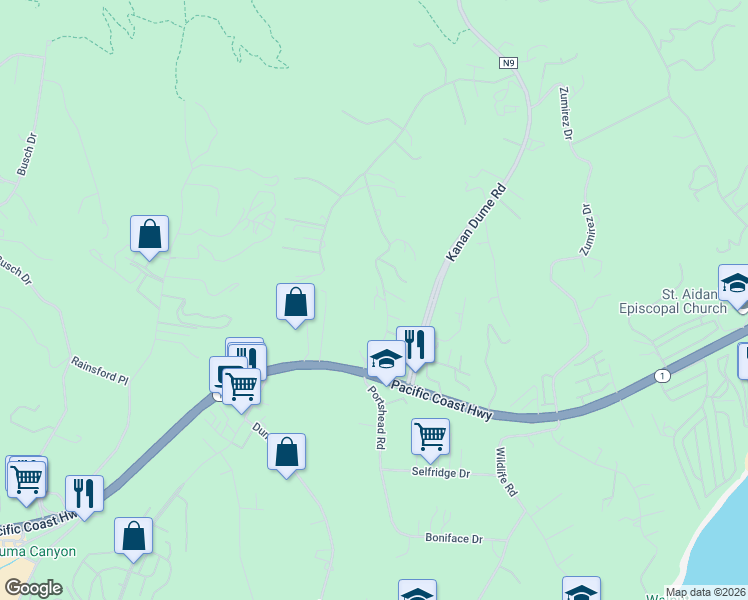 map of restaurants, bars, coffee shops, grocery stores, and more near 6487 Cavalleri Road in Malibu