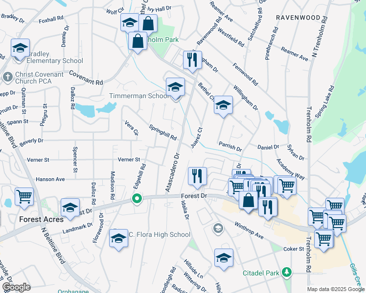 map of restaurants, bars, coffee shops, grocery stores, and more near 102 Juarez Court in Columbia