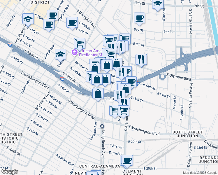 map of restaurants, bars, coffee shops, grocery stores, and more near 1475 Long Beach Ave in Los Angeles